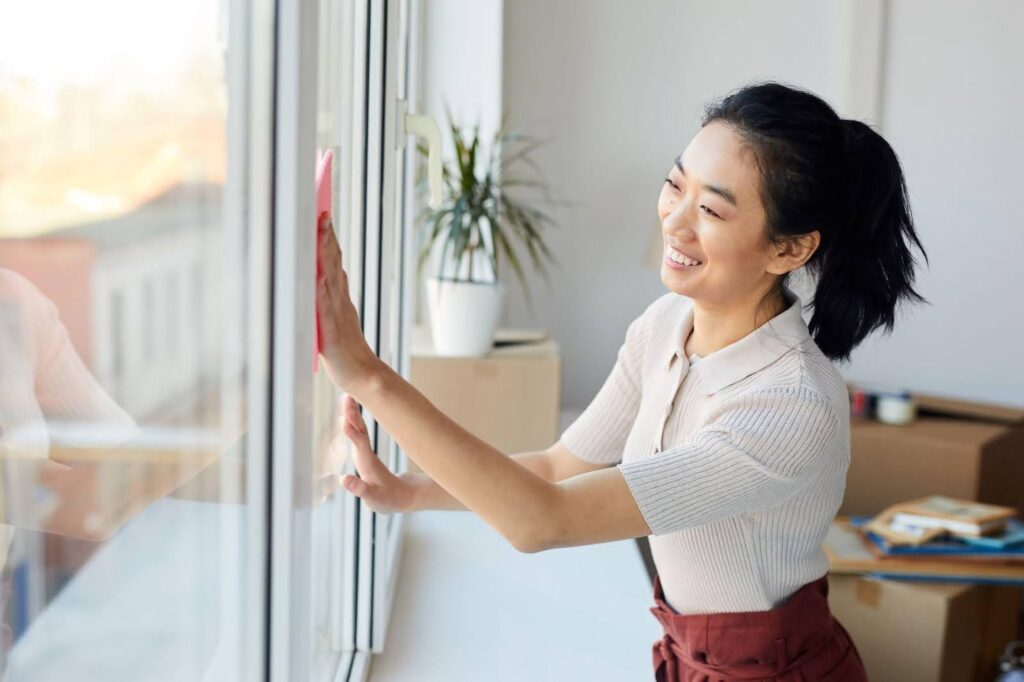 A woman using a rag to clean a window focusing on removing dirt and streaks for a clear view