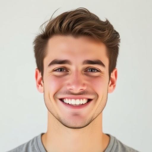 A young man smiling brightly, showcasing a cheerful expression in a casual setting.
