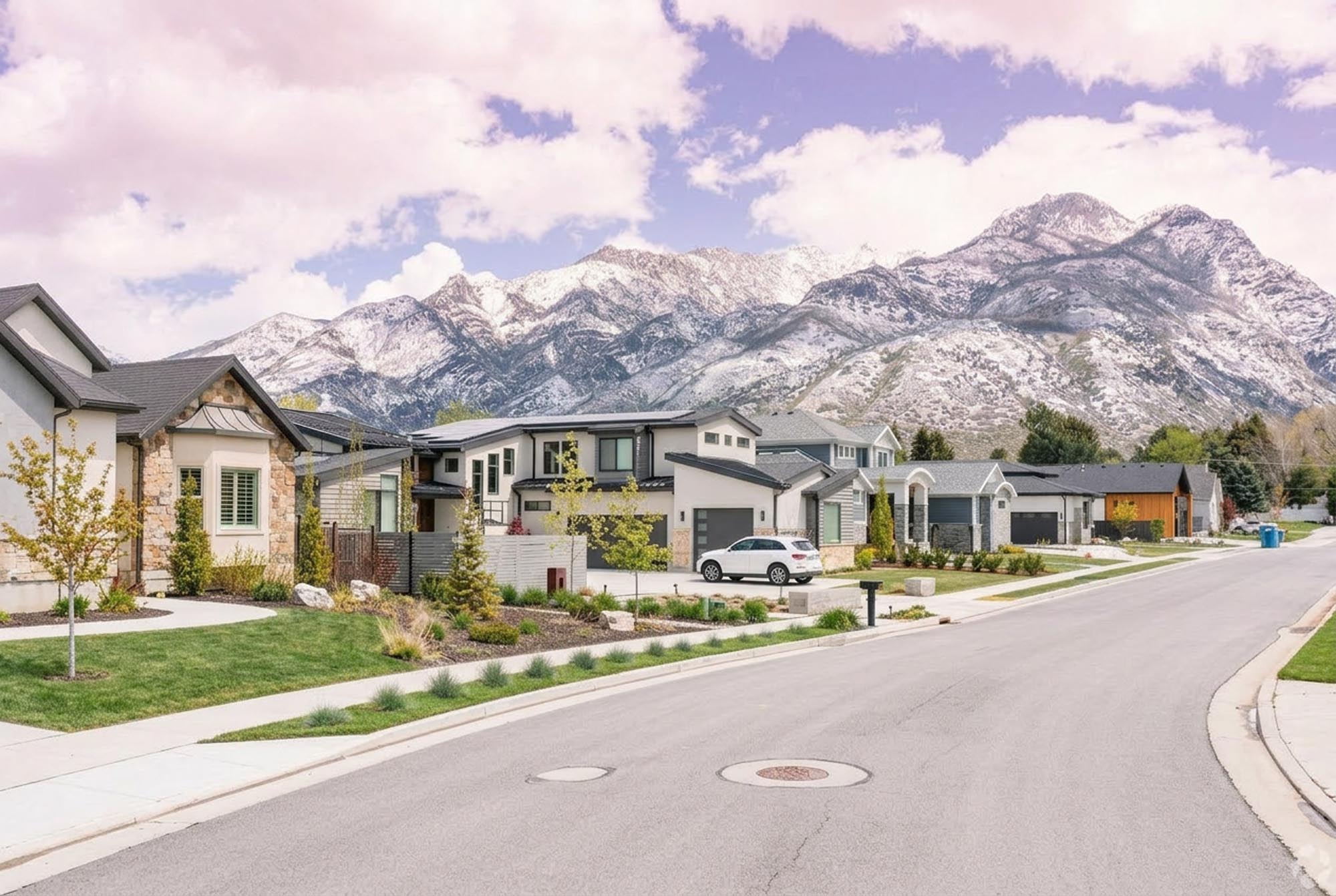 A street lined with houses, with mountains rising majestically in the background under a clear blue sky.
