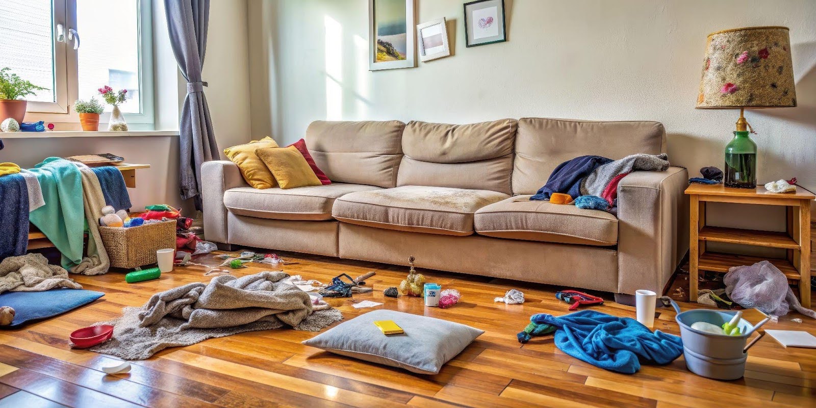 A cluttered living room featuring a disheveled couch and chair, highlighting the need for professional cleaning services.