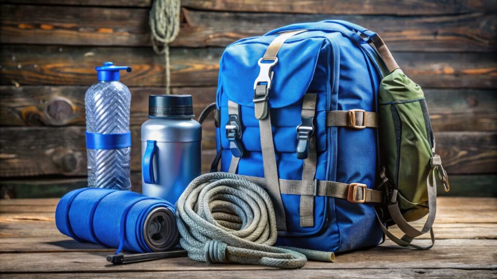 A backpack and water bottle alongside hunting gear on a wooden table, showcasing Utah outfitters and hunting adventures.