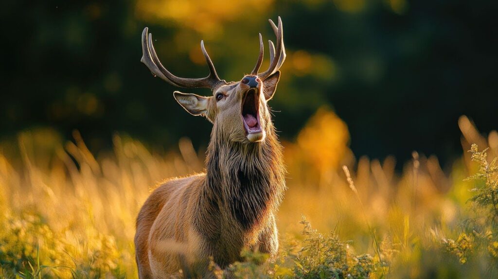A deer in a grassy field, mouth open as if calling out or grazing