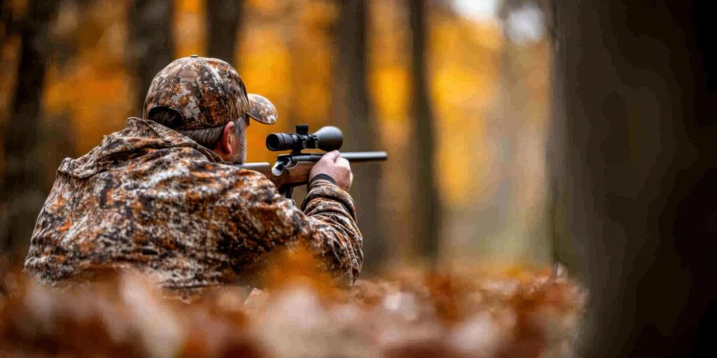A hunter aims a rifle in the woods, showcasing essential wilderness and hunting survival skills.