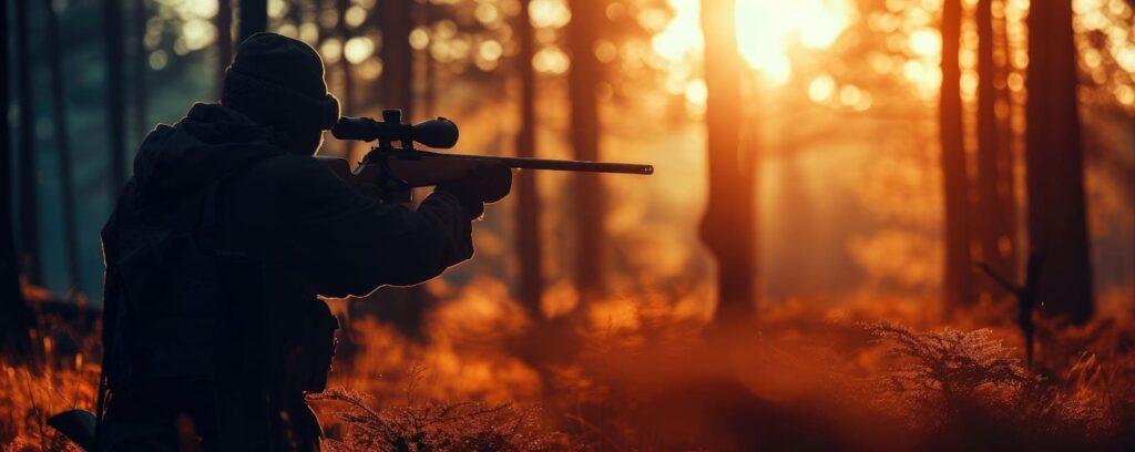 A man in the woods with a rifle on a guided elk hunt trip with a hunting company.