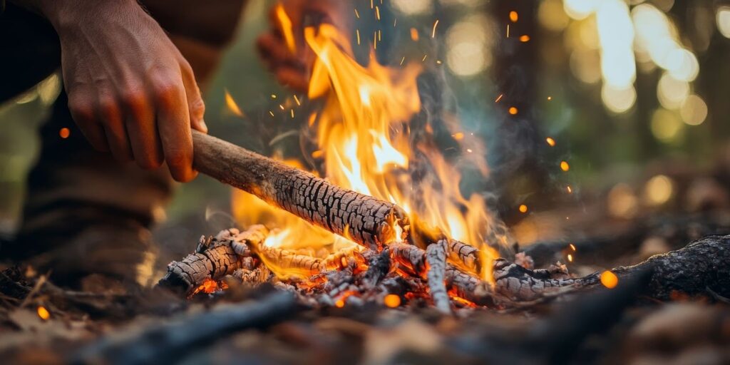 A person demonstrates wilderness skills by holding a stick over a campfire, showcasing essential hunting survival techniques.