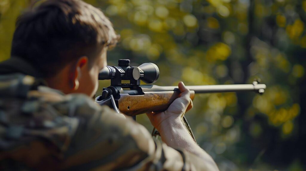 In a wooded area, a man takes aim with a rifle, demonstrating concentration and preparedness