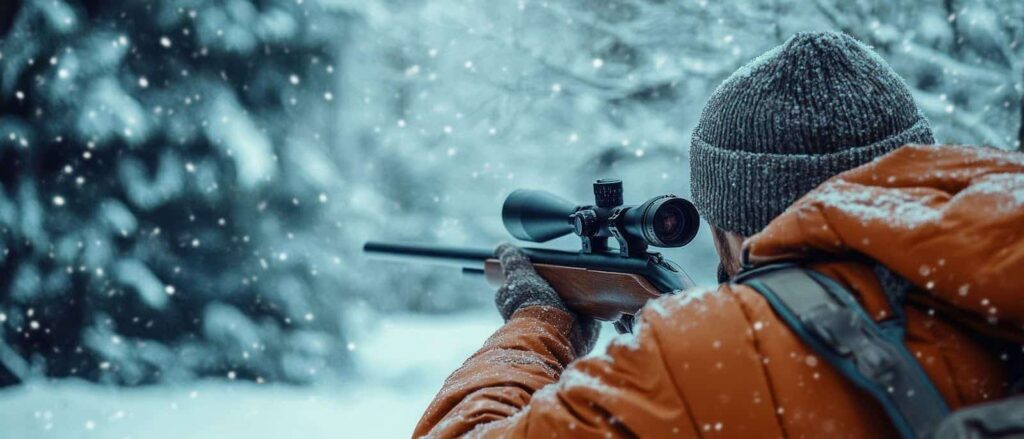 In the snow, a man in an orange jacket aims at a target, highlighting precision and skill