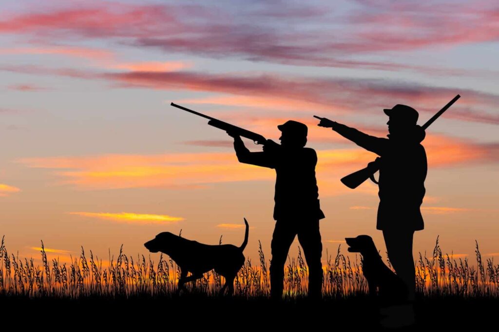 Silhouette of two men with guns and a dog, engaged in pheasant hunting in Utah's scenic landscape.