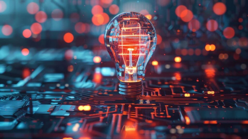 A light bulb illuminated above a circuit board, symbolizing innovation and technology in SEO strategies and plugins.
