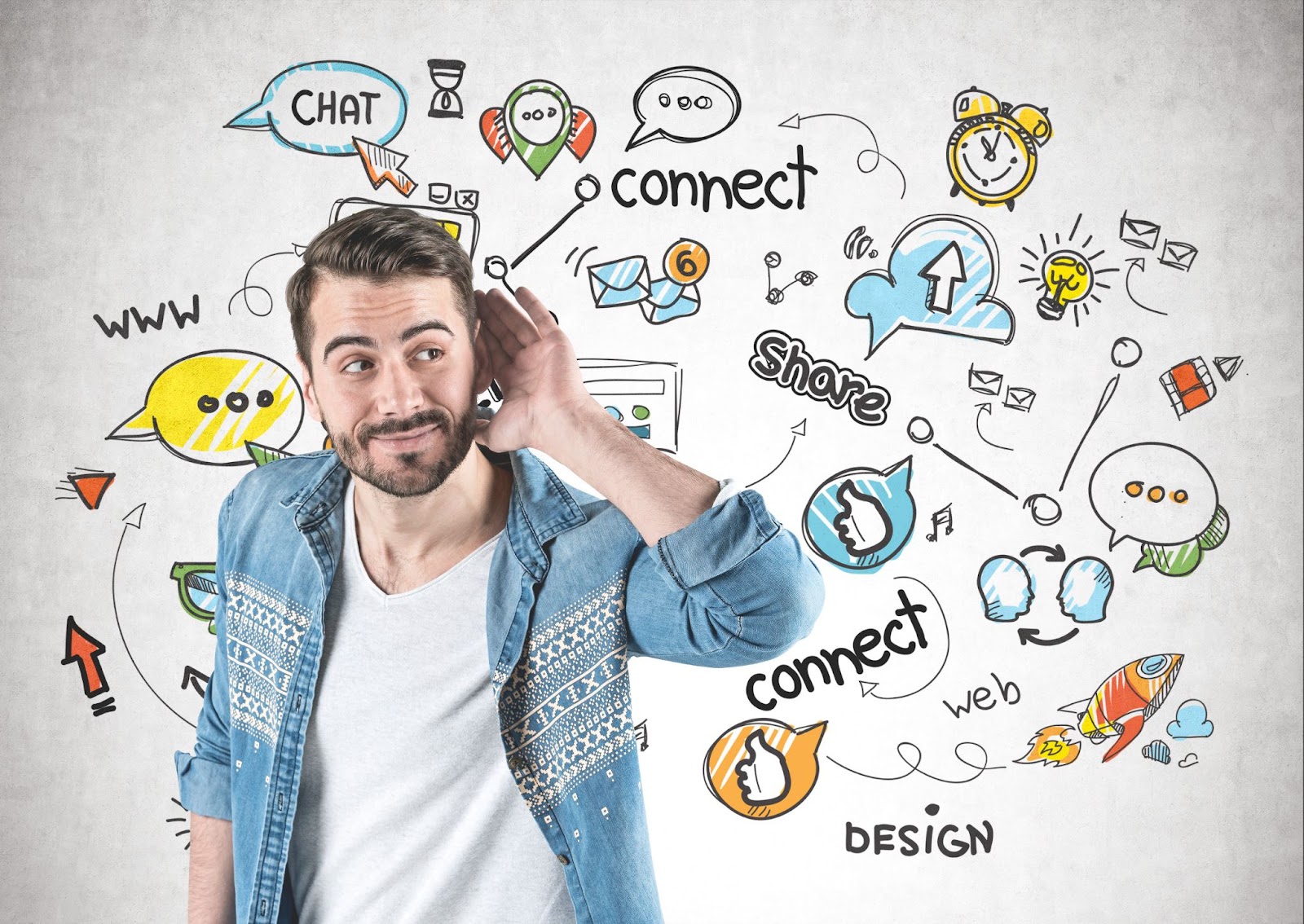 A man in a denim shirt holding his hand to his ear with colorful doodles of social media icons and words like "connect," "share," and "chat" in the background.