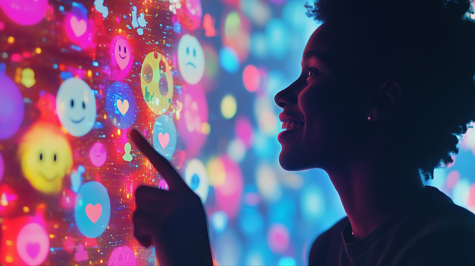 A silhouette of a woman with curly hair smiling and pointing at a vibrant display of colorful emojis and hearts.