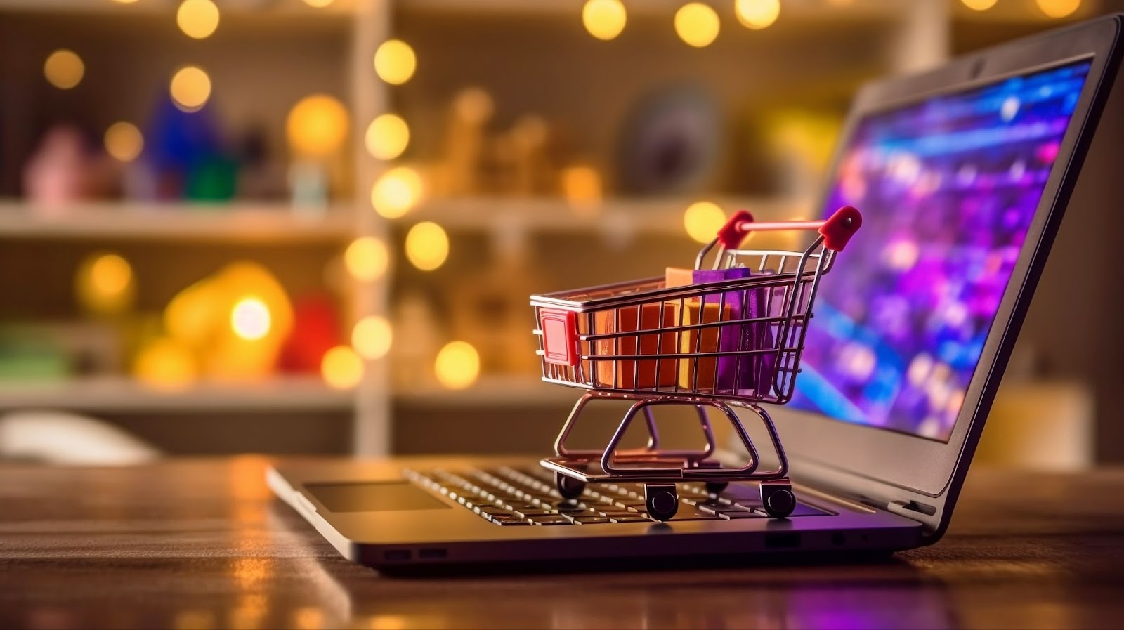 A small shopping cart with colorful items on a laptop, with a festive blurred background.