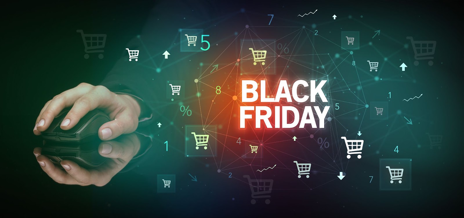Hand using a mouse over a digital Black Friday shopping graphic with shopping carts and percentage signs.