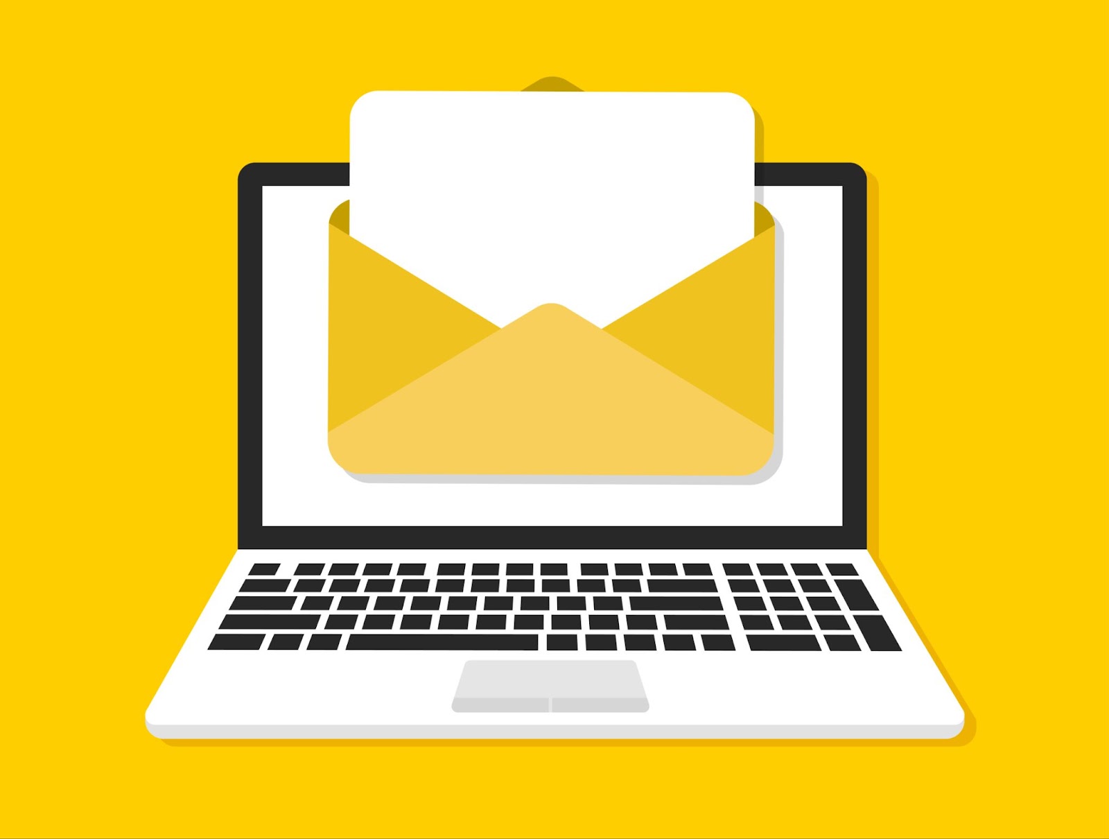 Illustration of a laptop with an open yellow email envelope on a yellow background.