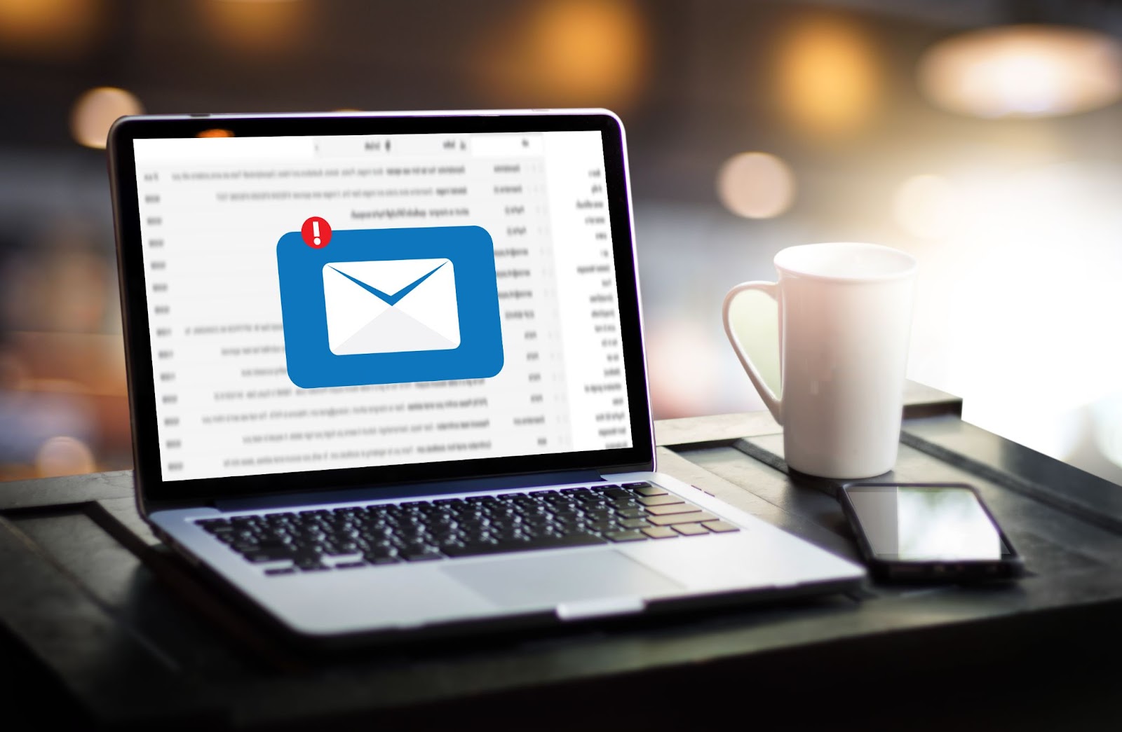 Laptop displaying email inbox with a notification, next to a coffee mug and smartphone on a desk.