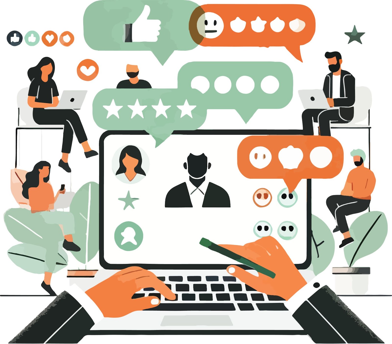Person typing on a laptop with a screen showing feedback icons and people giving reviews.