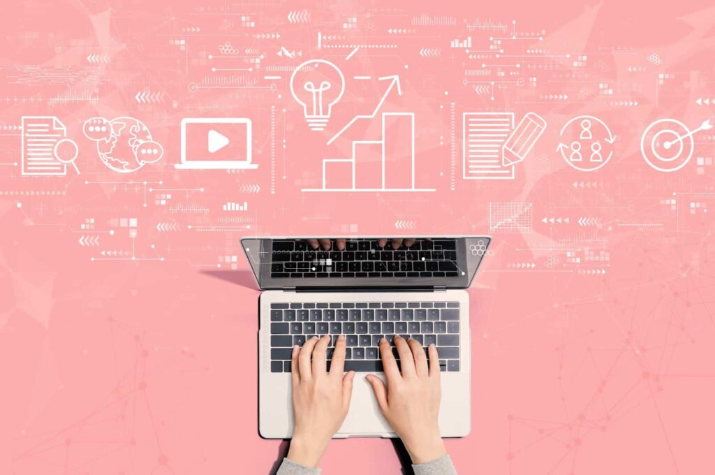 Person typing on laptop with icons Content marketing service, marketing content, content marketing strategy.
