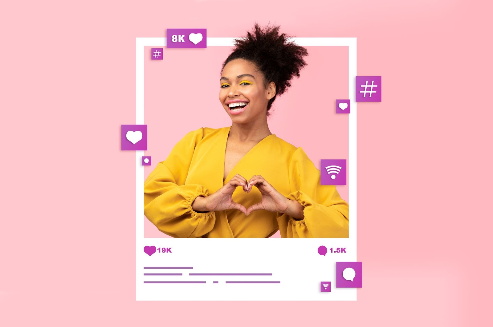 Smiling woman in a yellow blouse makes a heart shape with her hands, surrounded by social media icons for likes, comments, and hashtags.