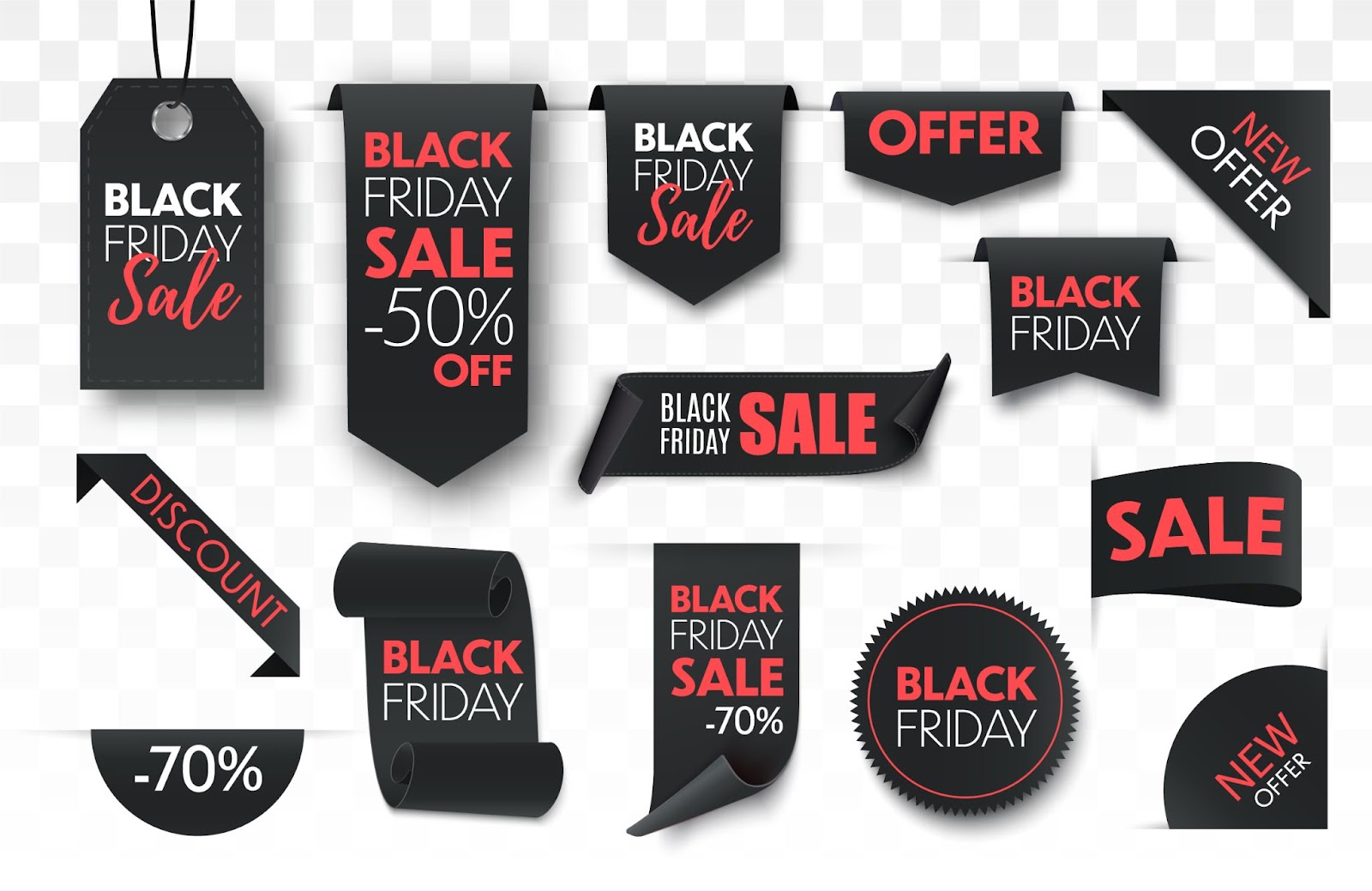 The image displays various Black Friday sale tags and banners with discounts up to 70% in black and red colors.