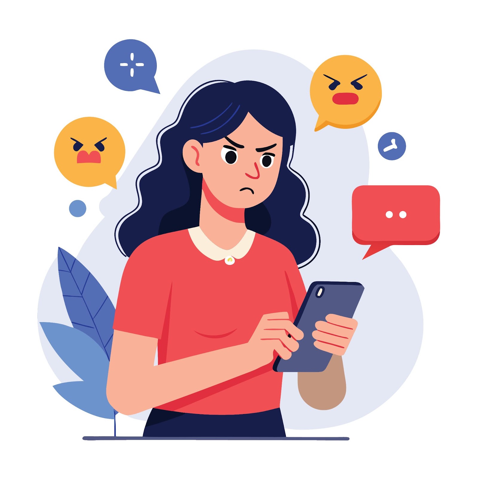 Woman with an angry expression holding a phone, surrounded by angry emoji speech bubbles.