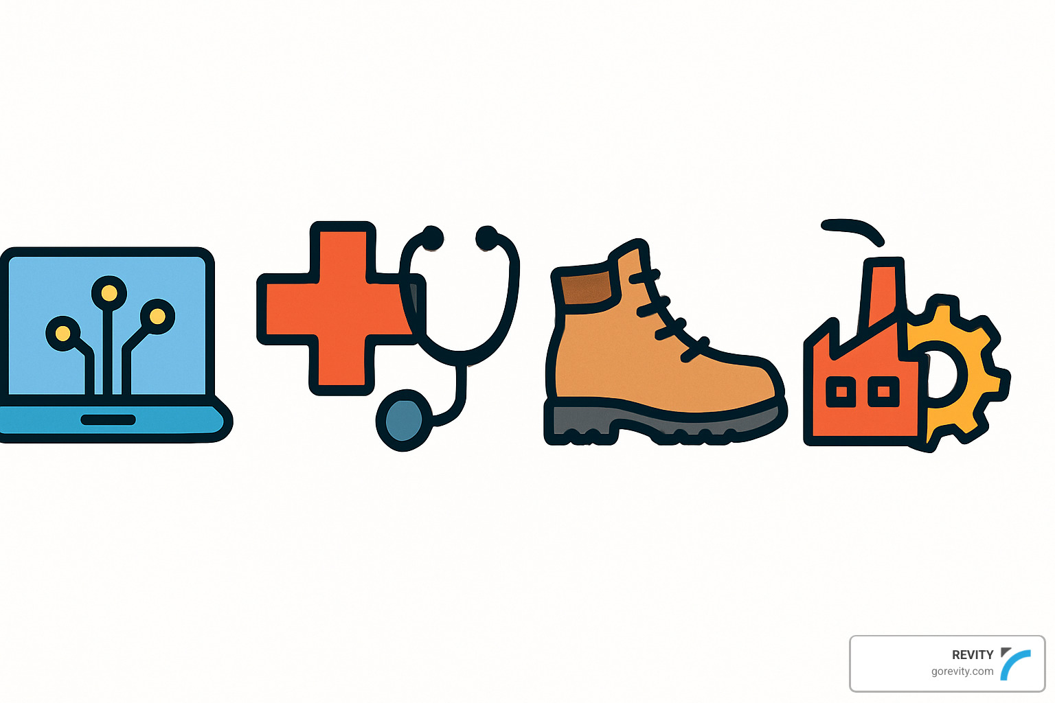 Industry icons representing tech, healthcare, outdoor recreation, and manufacturing - content marketing agencies utah