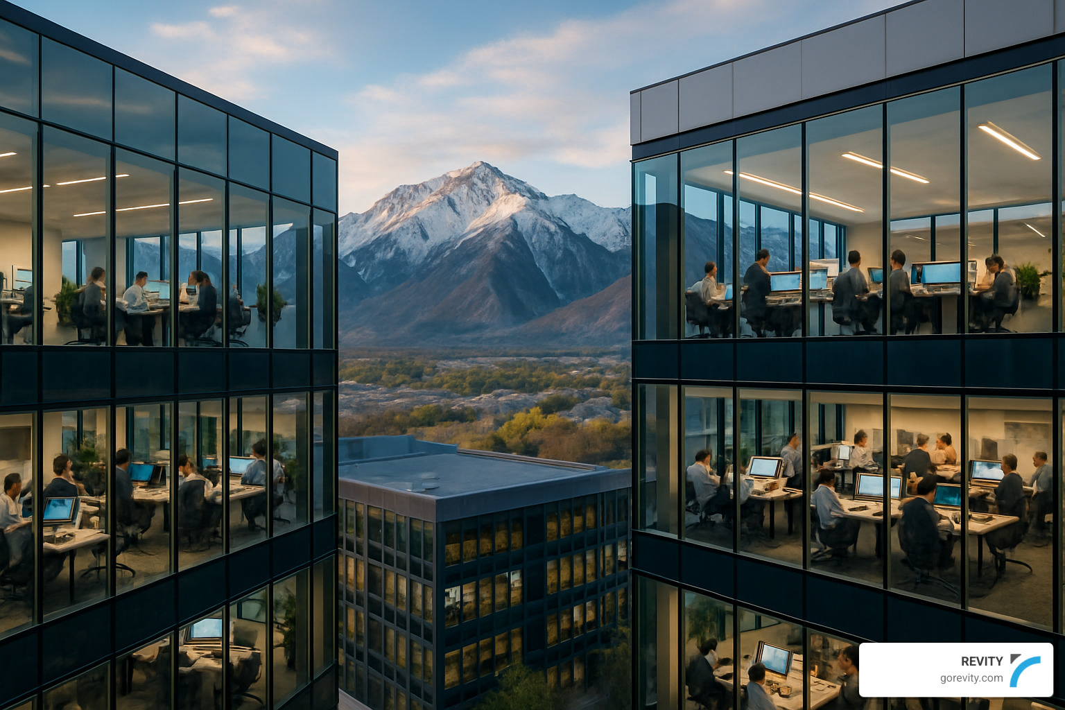 Utah tech hub office buildings with digital marketing teams at work - content marketing agencies utah
